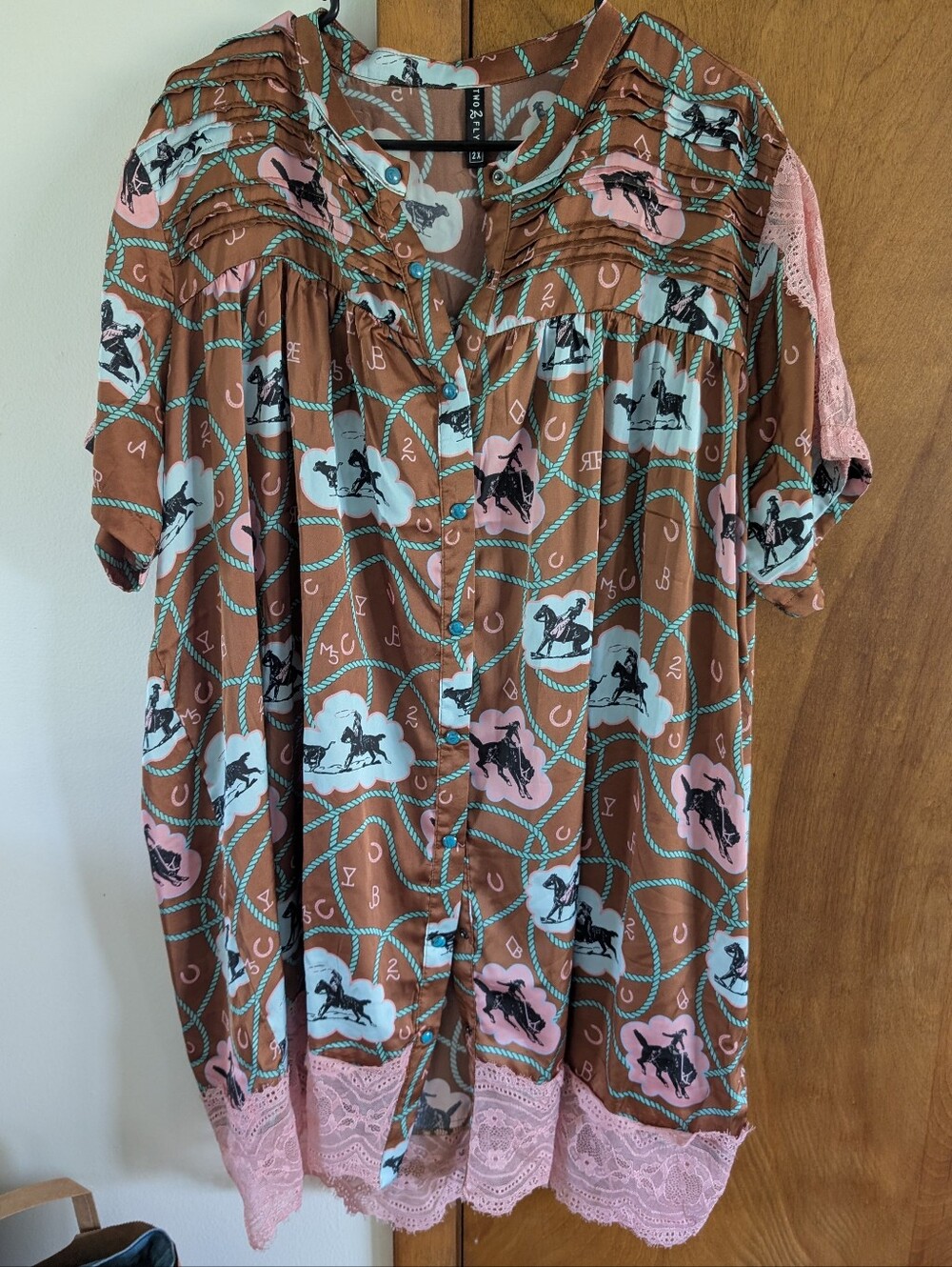 Boho Horse-Print Ladies' Button-Front Top - Brown & Pink